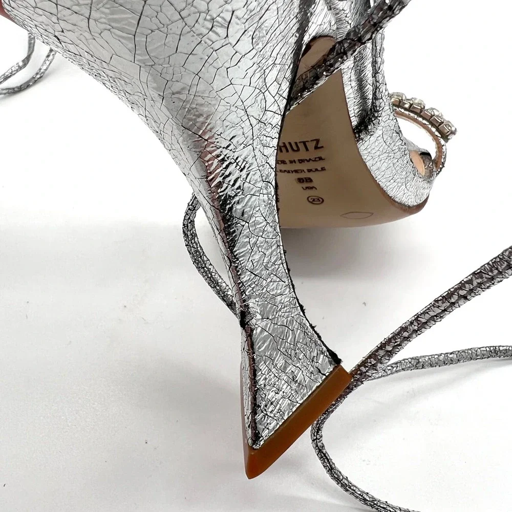 SCHUTZ Bellin Heels Womens 6 Silver Metallic Jeweled Ankle Wrap Strappy Sandal - Picture 10 of 14